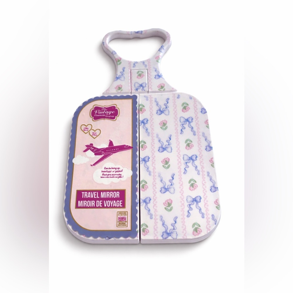 Travel Hand Mirror with Pastel Blue Bow & Pink Floral Pattern